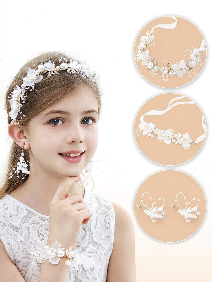 Bộ 4 vương miện hoa - Phụ kiện tóc cưới cho bé gái đính ngọc trai, băng đô dự tiệc, bao gồm vòng tay và hoa tai - trắng - Xem 1