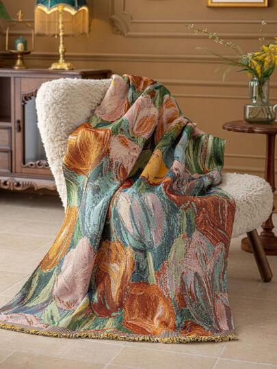 1 件多用途毛毯/沙发罩/午睡毯/壁挂，带流苏边缘，复古油画风格，适用于卧室、沙发、办公室、家居装饰