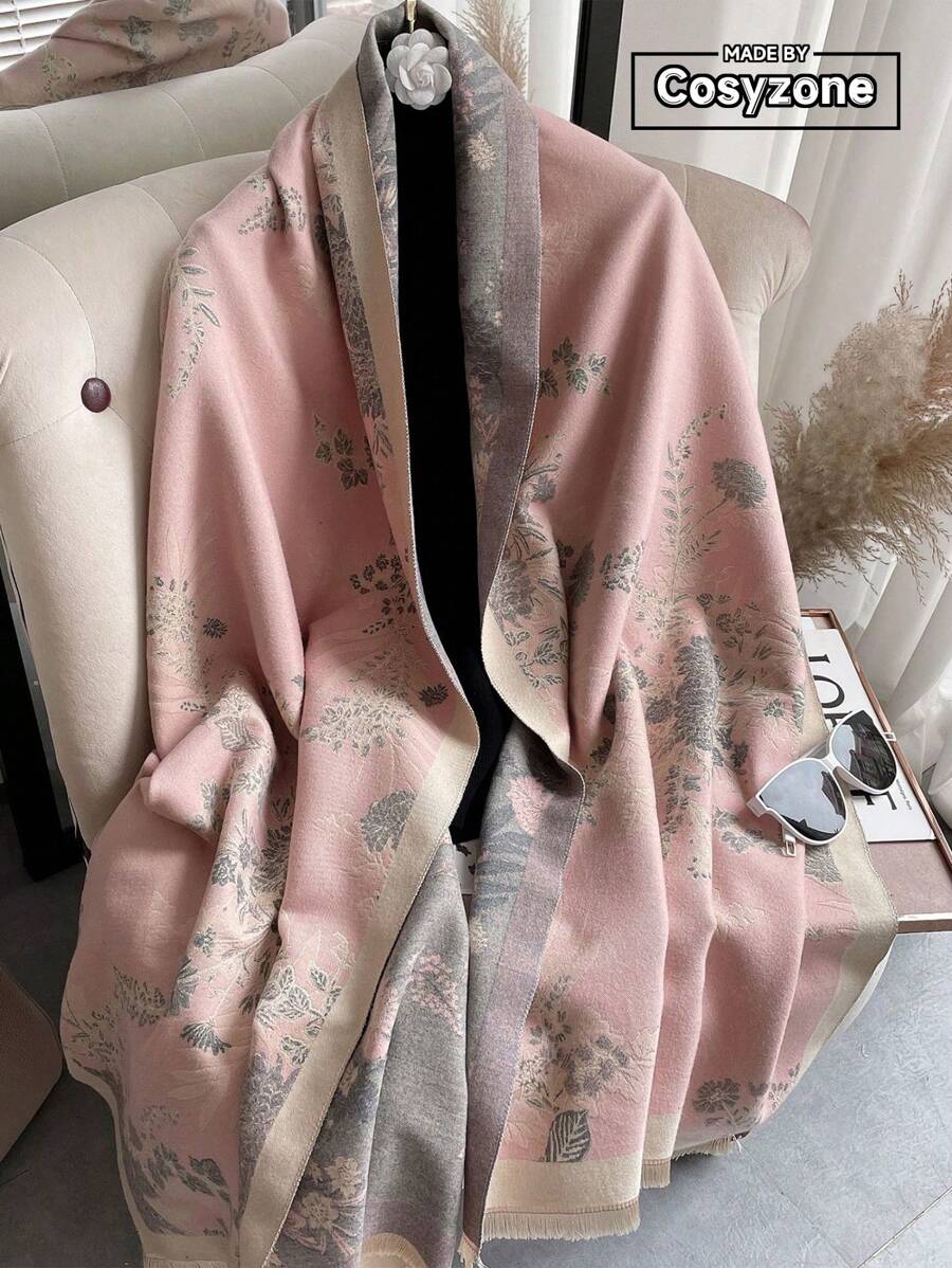 1件装女士仿羊绒花卉提花时尚百搭秋冬加厚保暖披肩围巾,适合日常使用 - 粉色 - 查看 1