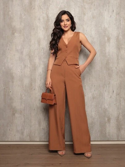 ANLE MODAS Conjunto feminina Colete com Calça Alfaiataria chic Social estampado Listrado