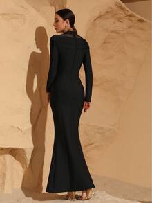 Modphy Black Sexy Mesh Patchwork Long Sleeve Rhinestone Elegant Bandage Long Mermaid Dress, Women's Formal Party Gowns Suitable For Eid Al Fitr, Formal Evening Dresses,Wedding Guest