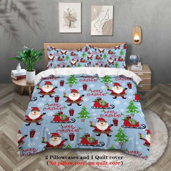 Juego de ropa de cama de 3 piezas con estampado digital de Papá Noel de dibujos animados para Navidad y Año Nuevo, piel amigable, transpirable, suave, cómodo y cálido, anti-bolas, lavable a máquina, estilo de las cuatro estaciones, sin relleno, 1 funda nórdica + 2 fundas de almohada