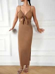 Vestido De Tirantes Con Abertura De Muslo Con Abertura,Vestido halter de mujer,Vestido De Mujer De Tirantes Con Espaguetis Y Abertura Alta En Un Solo Color,Vestidos De Dama,Vestidos Casuales - Marrón - Ver 5