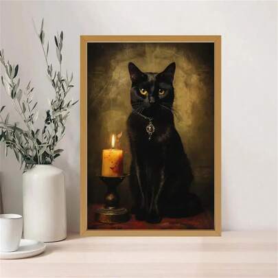 Impresión en lienzo de arte vintage art déco de gato negro, retrato clásico gótico de mascota como obra de arte para pared, pintura con marco opcional de tema animal ideal para decoración interior y exterior del hogar, oficina, sala de estar y dormitorio