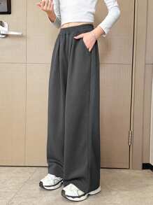 Tween Girls Solid Color Elastic Waist Pockets Loose Wide Leg Casual Pants - Grey - View 4