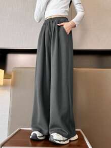 Tween Girls Solid Color Elastic Waist Pockets Loose Wide Leg Casual Pants - Grey - View 1