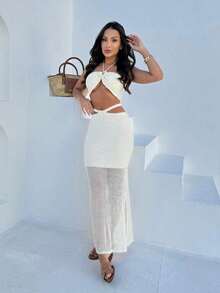 Knitted Skirt And Crop Top Set - trắng - Xem 4