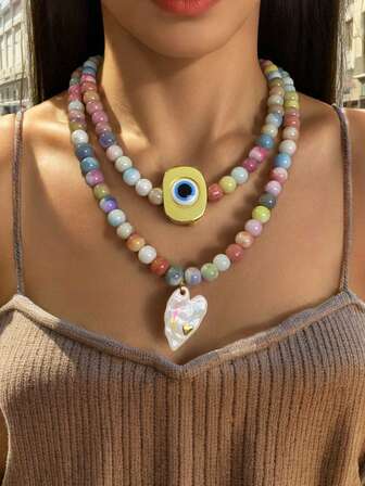 1pc Colorful Glass Bead Necklace, Gold Evil Eye Pendant Necklace, White Heart Pendant Necklace, Heart Pendant, Dopamine Glass Bead Necklace, Daily Wear Ladies Necklaces, Gift For Girlfriend