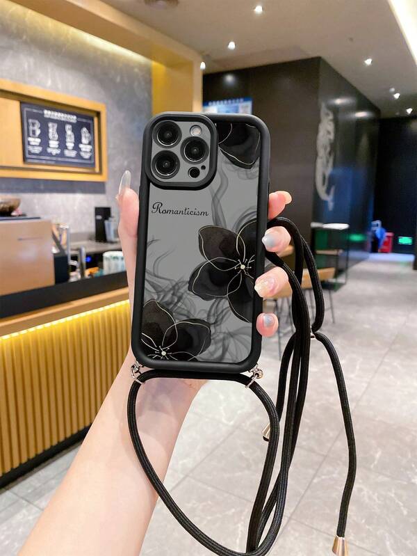 1pc Minimalist Fashion Black Tea Flower Smoke Pattern Black Agate Stepped Perforated Anti-Drop Phone Case Compatible With Apple/