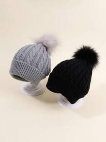 2pcs Toddler Kids Pompom Decor Cuff Beanie - Multicolor - View 3