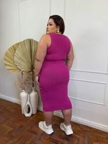 Modal Plus Size Ribbed V-Neck Midi Dress Evangelical Fashion - 玫紅色 - 查看 2