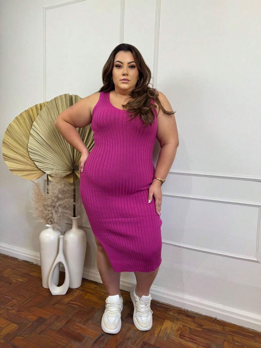 Modal Plus Size Ribbed V-Neck Midi Dress Evangelical Fashion - 玫紅色 - 查看 1