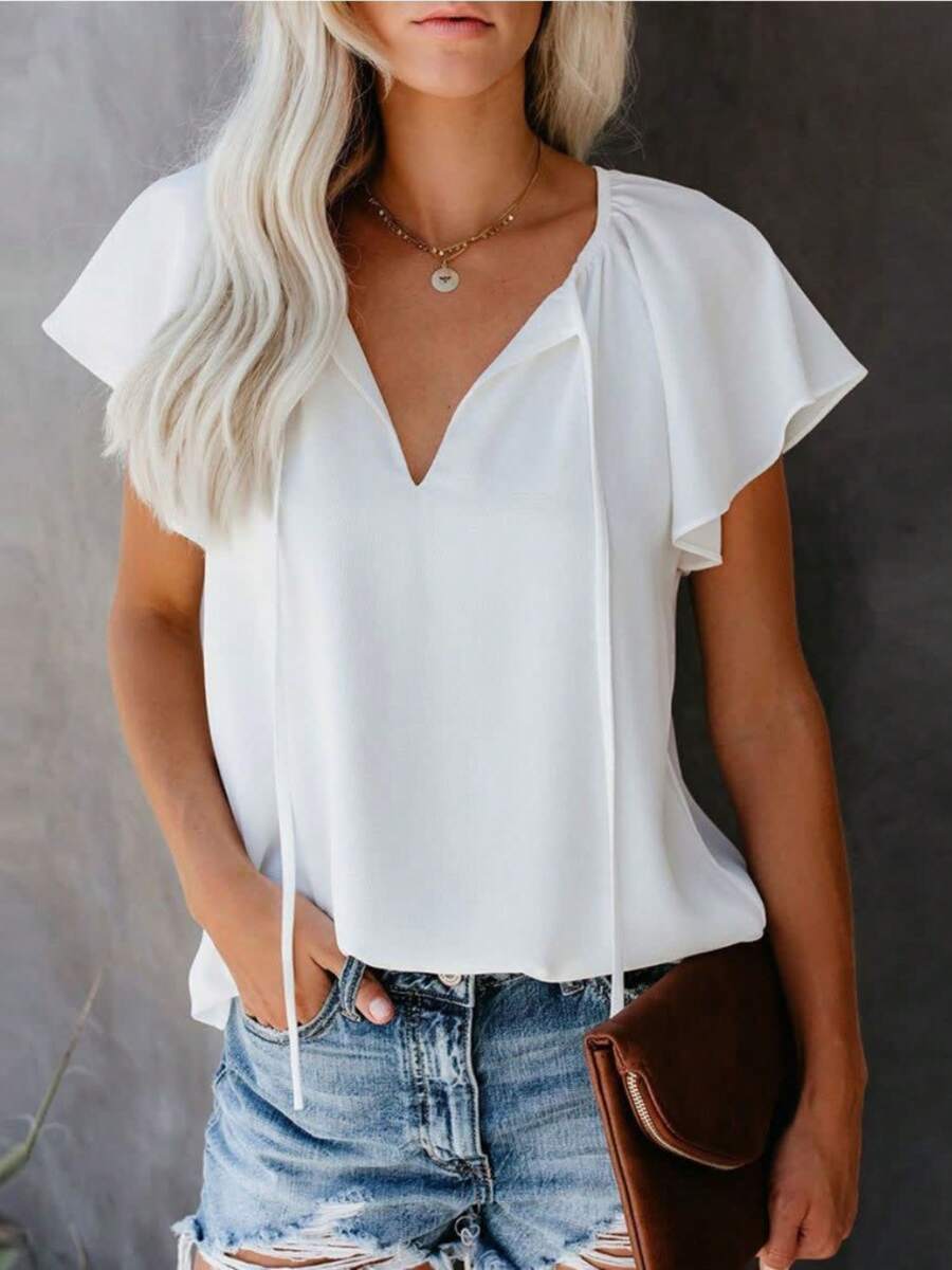 Women's Short Sleeve Tie Neck Blouse With Keyhole Front Detail - Putih - View 1