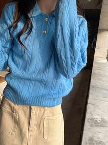 Women's Soft & Cozy Cable Collar Pullover Sweater - Blue - View 4