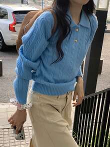 Women's Soft & Cozy Cable Collar Pullover Sweater - Blue - View 3