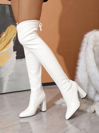 Timesize Botas altas de tacón blancas con cordones para mujer, botas largas sobre la rodilla de tacón grueso, botas de invierno de moda, botas sexy para dama