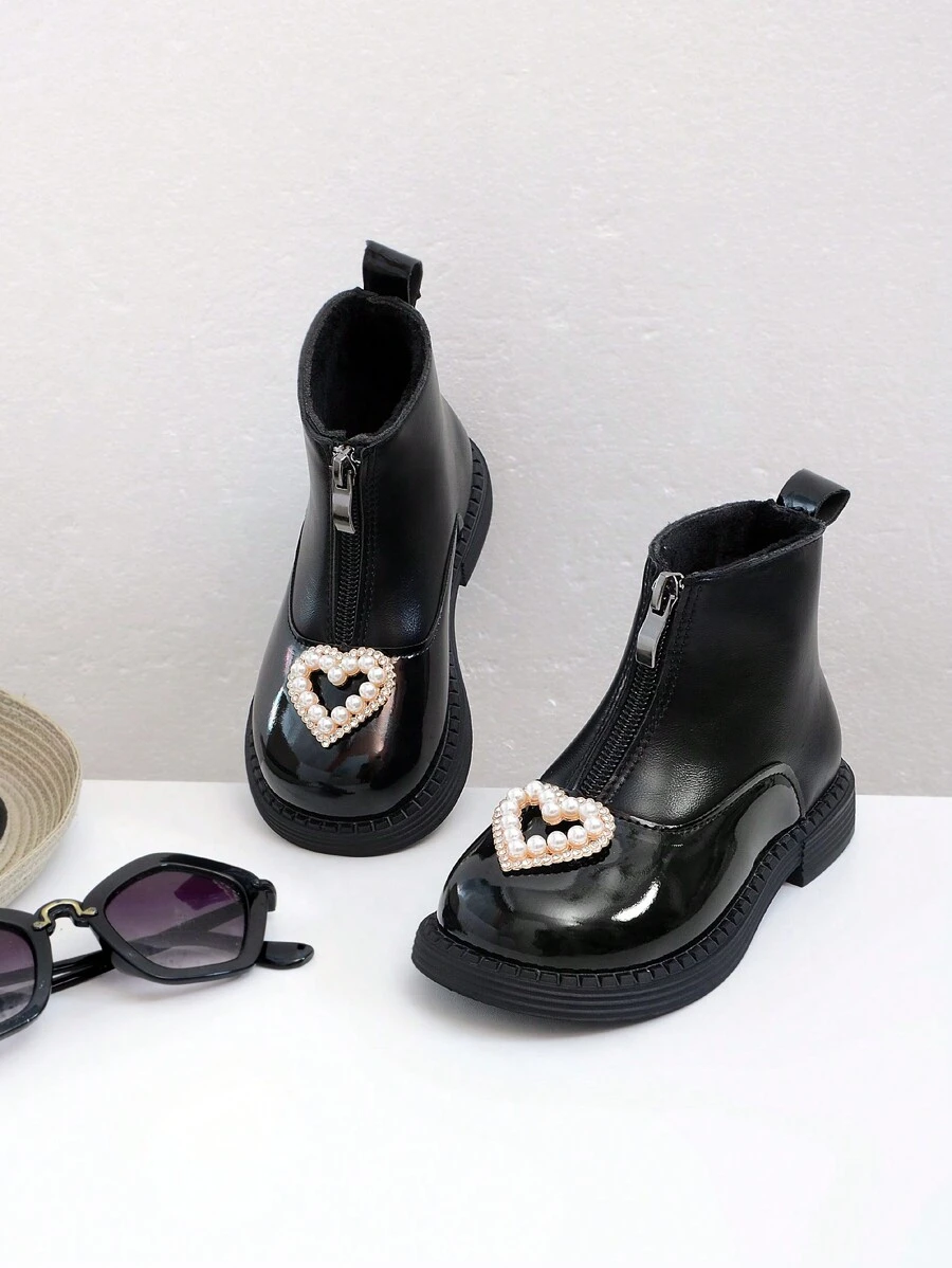 Giày bốt họa tiết trái tim đính đá thời trang, dễ thương, cổ điển cho trẻ em/bé gái, nhẹ với đệm êm ái, thiết kế đến giữa bắp chân, giản dị và thời trang - màu đen - Xem 1