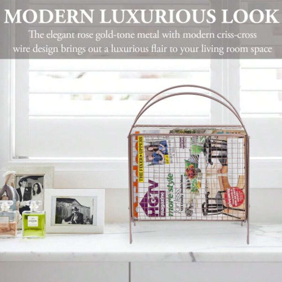 Rose Gold Freestanding Magazine Holder, Tabletop Metal Mesh Wire