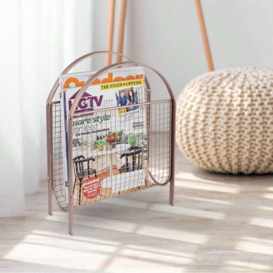 Rose Gold Freestanding Magazine Holder, Tabletop Metal Mesh Wire