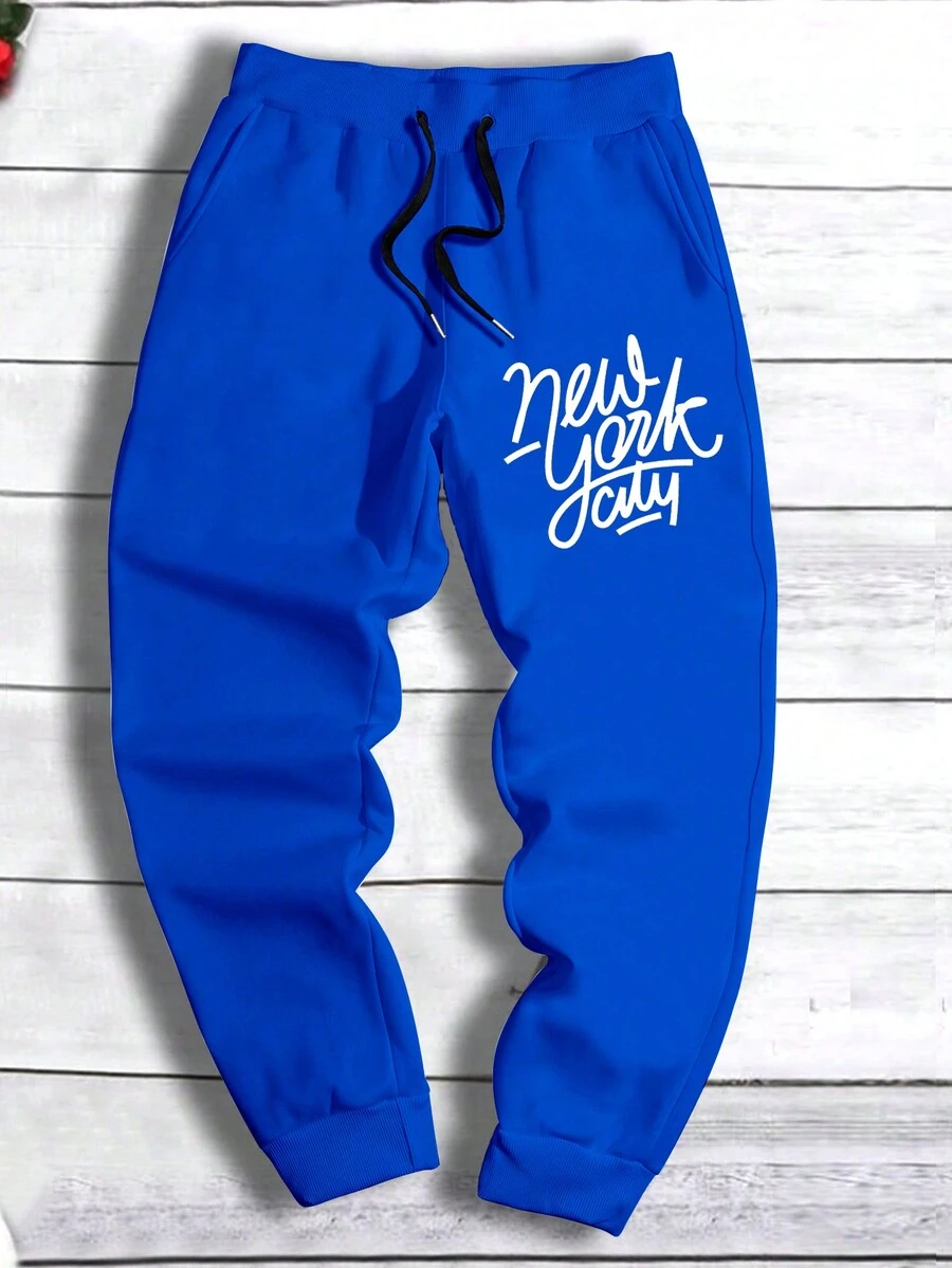 Men's Loose Fit New York City Style Sweatpants, Drawstring Waistband Sweatpants. - 藏蓝色 - 查看 1
