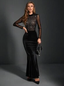 Women's Gothic Sexy Vintage Dark Spider Web Rhinestone Mesh Contrast Fishtail Gown Dress - Black - View 5