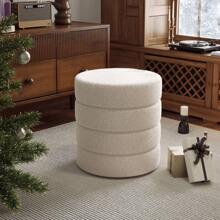 LIVINGANDHOME Living And Home Plush Round Channel Ottoman In Luxurious Teddy Bear Fur - Soft 43cm Footrest And Seat With 120kg Capacity - Available In Elegant White Or Grey - White - View 2
