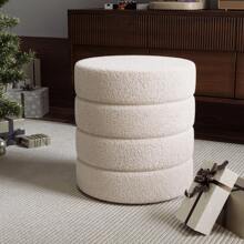 LIVINGANDHOME Living And Home Plush Round Channel Ottoman In Luxurious Teddy Bear Fur - Soft 43cm Footrest And Seat With 120kg Capacity - Available In Elegant White Or Grey - White - View 3