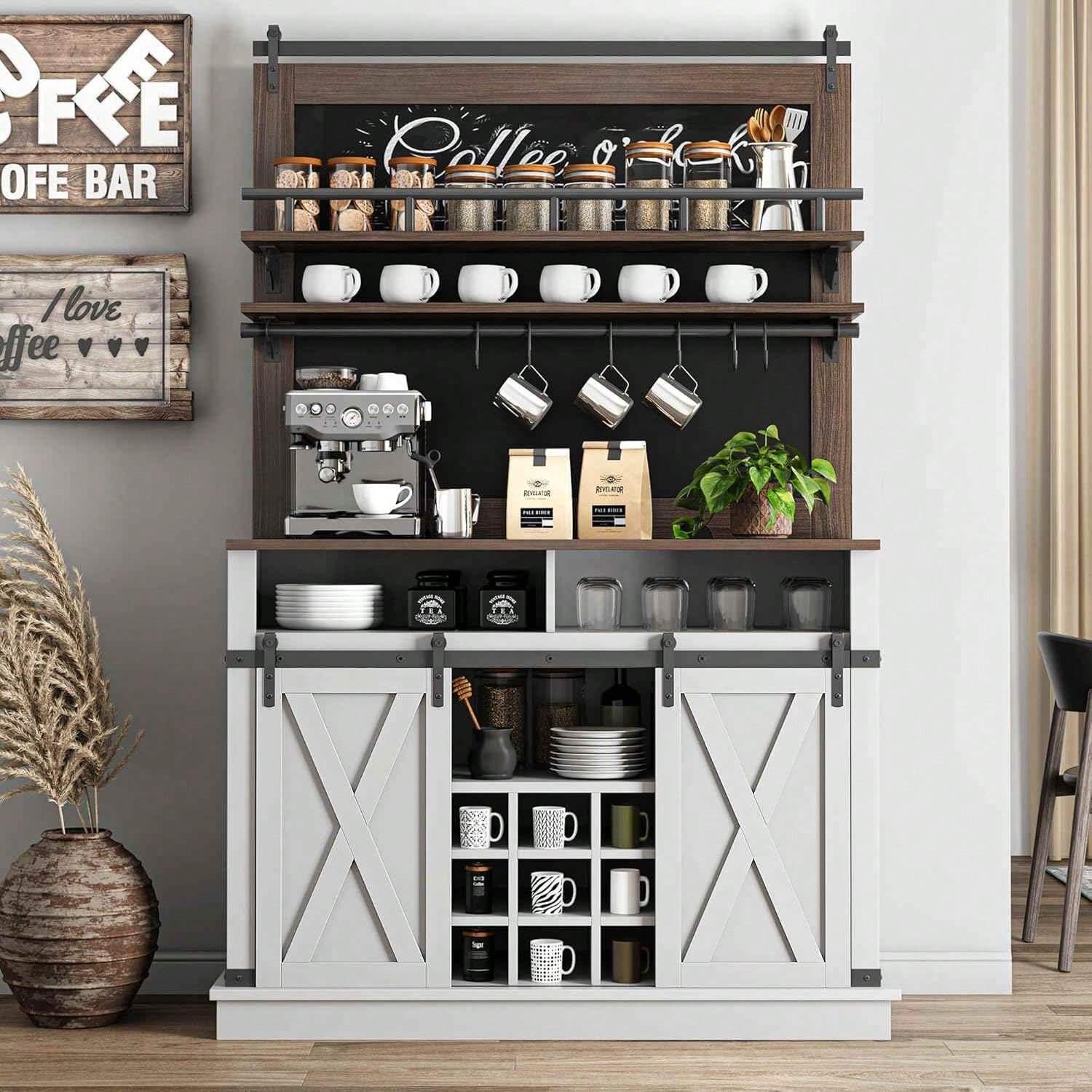 Coffee Bar Farmhouse Buffet With Storage, 75" H Bar