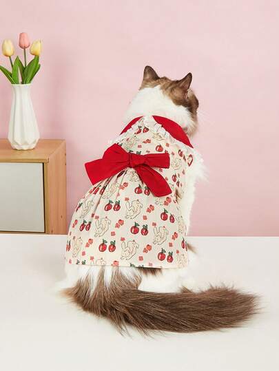 一件宠物连衣裙，夏季透气狗狗猫咪连衣裙，可爱兔子、樱桃、爱心和大蝴蝶结图案，适合小型/中型犬。