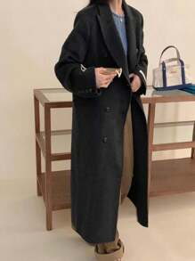 Women's Classic Double-Faced Wool Coat – Solid Color, Structured Shoulders, Blazer Collar, Double-Breasted. Elegant And Versatile For Commuting In Fall And Winter. - Carbon Black - View 2