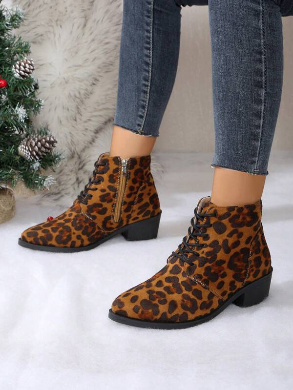 Neue Mode Damen Schnür-Leoparden Muster Thermisch gefütterte Boots mit dicker Sohle und Reißverschluss an der Seite, Vintage Motorradstiefel (Farbplatzierung zufällig)