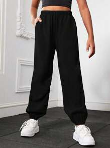 1pc Tween Girls Fashionable Casual Outdoor Sports Drawstring Pants, Spring/Autumn - Black - View 4