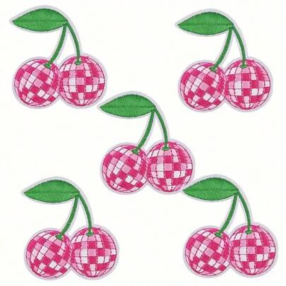 5 peças de remendos bordados de cereja gingham rosa, apliques para passar a ferro/costurar para roupas, sapatos, chapéus, bolsas, decorações de moda faça você mesmo