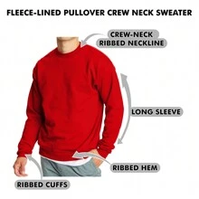 Men's Crew Neck Fleece-Lined Pullover Sweater - Red - View 3