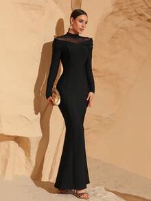 Modphy Black Sexy Mesh Patchwork Long Sleeve Rhinestone Elegant Bandage Long Mermaid Dress, Women's Formal Party Gowns Suitable For Eid Al Fitr, Formal Evening Dresses,Wedding Guest