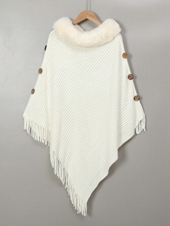 1 st Enfärgade tofsar för kvinnor Stickad poncho med pälskrage, varm och moderiktig för fritids- och semestertillbehör kvinnor