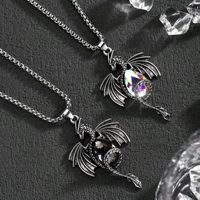 1pc Fashion Vintage Unique 3D Dragon Shaped Crystal Glass Pendant Necklace, Unisex Hip-Hop Street Style