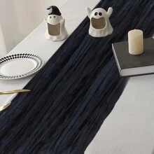 Generic Wedding Party Table Runner Gauze Halloween Style Pleated Pure Black Stain-Proof Reusable Table Decor Prom Banquet Table - Đen 300cm - Xem 2