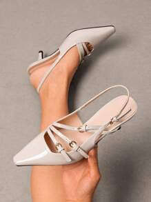 Women's Kitten Heel Slingback Pumps Square Toe Metal Buckle Strap Low Heels Sexy Wedding Party Dress Shoes