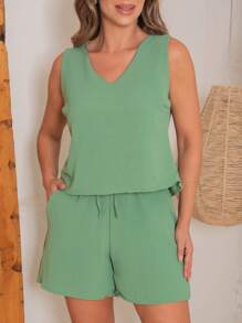 Women's Tank Top And Shorts Set - Màu xanh Bạc hà - Xem 1