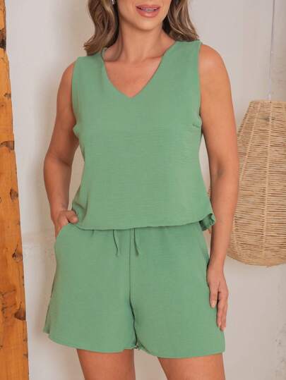 Conjunto Feminino 2 Peças Regata Colete Decote V e Shorts com Bolsos e Elástico Moda Feminina Casual Modesta Praia Dia a Dia