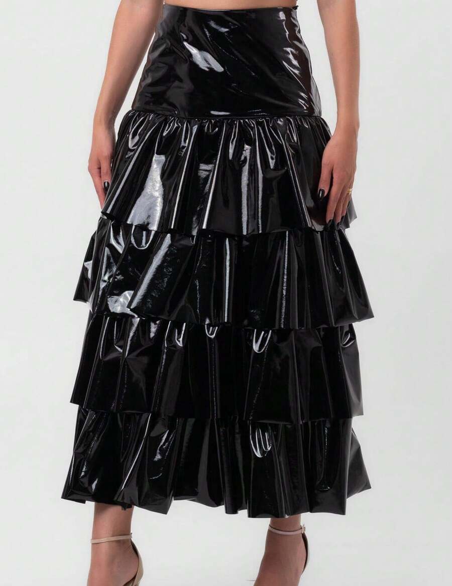 Black Labrava Vinyl Midi Ruffle Skirt - 黑色 - 查看 1