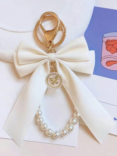 包袋吊坠、包袋配件人造珍珠钥匙扣、可爱人造珍珠串珠手链钥匙扣、女士和女孩的复古饰品、钱包、背包、汽车饰品、丝带珍珠吊坠、情人节礼物创意