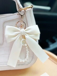 包袋吊坠、包袋配件人造珍珠钥匙扣、可爱人造珍珠串珠手链钥匙扣、女士和女孩的复古饰品、钱包、背包、汽车饰品、丝带珍珠吊坠、情人节礼物创意 - 米色 - 查看 8