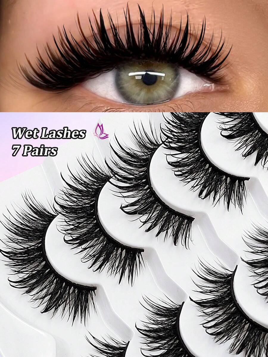 Asiteo 7 Pairs Charming Cartoon False Eyelashes - Wet Makeup Effect Cosplay Spiky Faux Mink Lashes, Reusable, Doll Eye Makeup, Thick & Curly, Suitable For Cosplay And Fashion Enthusiasts - 尖尾漫畫款 - 查看 1