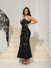 Váy dạ hội đuôi cá hở lưng đính đá lấp lánh LOVE Aing dành cho nữ, váy liền thân sang trọng và gợi cảm cho tiệc cocktail, váy dạ hội thanh lịch màu đen, dành cho khách dự tiệc cưới, tốt nghiệp, tiệc tối - màu đen - Xem 5