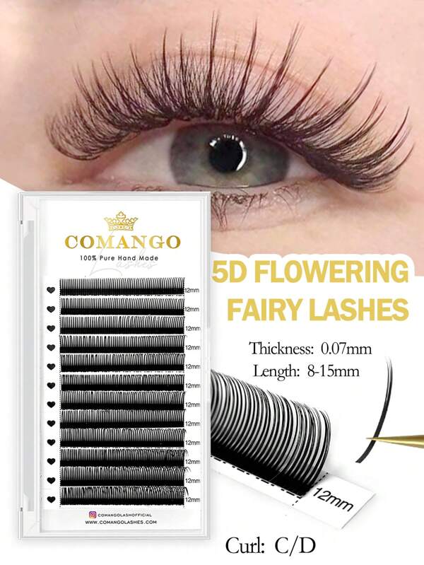 CoMango CoMango 5D Extensiones de pestañas naturales y suaves con flores, de 0,07 mm, abanico fácil, al por mayor, volumen premodelado de 12 filas