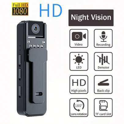 迷你户外运动相机，1080P 高清可穿戴摄像头，带 180° 旋转镜头、夜视、4-5 小时录制时间、内置夹子、便携，适合户外运动和旅行、夜视和循环录制 - 适合家庭和户外使用（支持 SD 卡录制）