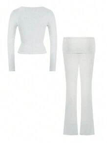 GAOVOT 女士两件套春夏 Y2K 修身性感纯色方领长袖上衣和微喇叭裤套装