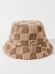 1pc Women's Fashionable Coffee Color Checkboard Bucket Hat For Daily Wear, Autumn/Winter Warm Bucket Hat - Coffee Brown - View 16